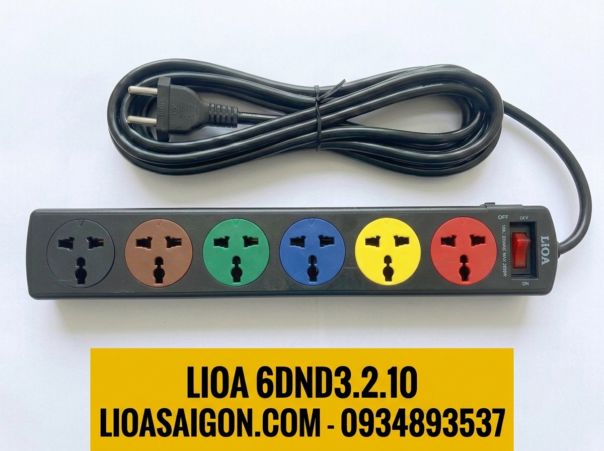 Ổ Cắm LiOA 6DND3.2.10 (6 Lỗ - 3m - 10A) Đa Năng Có CB